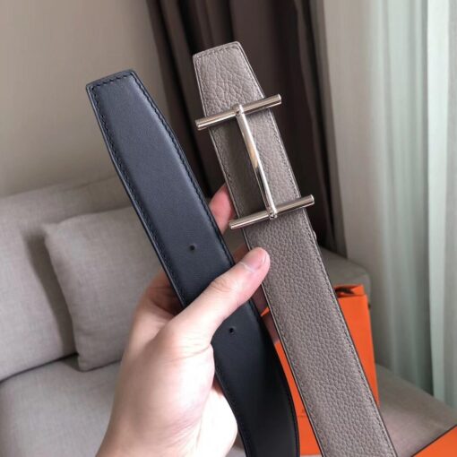 Replica Hermes H d'Ancre Reversible Belt In Grey/Noir Leather 2