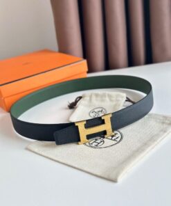 Replica Hermes H Striee Reversible Belt 32MM in Green and Black Epsom Calfskin 2