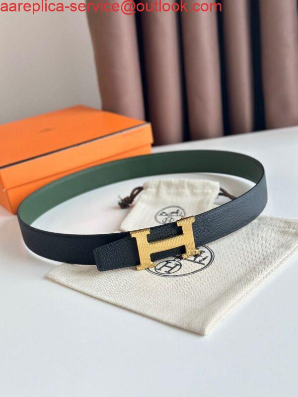 Replica Hermes H Striee Reversible Belt 32MM in Green and Black Epsom Calfskin 2