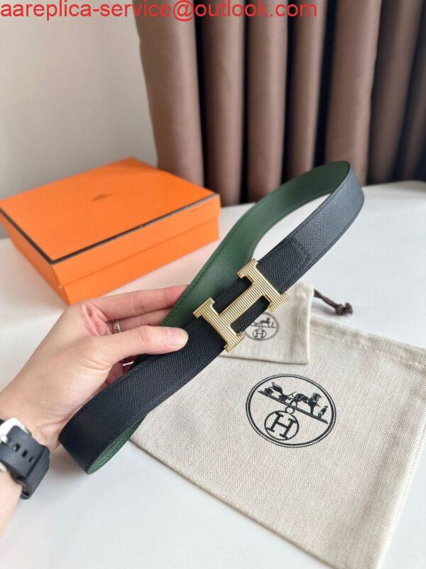 Replica Hermes H Striee Reversible Belt 32MM in Green and Black Epsom Calfskin 3