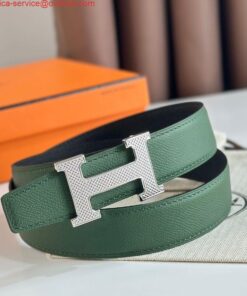 Replica Hermes H Guillochee Reversible Belt 32MM in Green and Black Epsom Calfskin