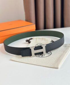 Replica Hermes H Guillochee Reversible Belt 32MM in Green and Black Epsom Calfskin 2