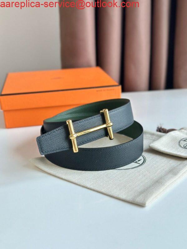 Replica Hermes H d'Ancre Reversible Belt 32MM in Black and Green Epsom Calfskin 2