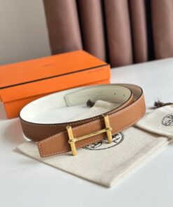 Replica Hermes H d'Ancre Reversible Belt 32MM in Gold and White Epsom Calfskin 2