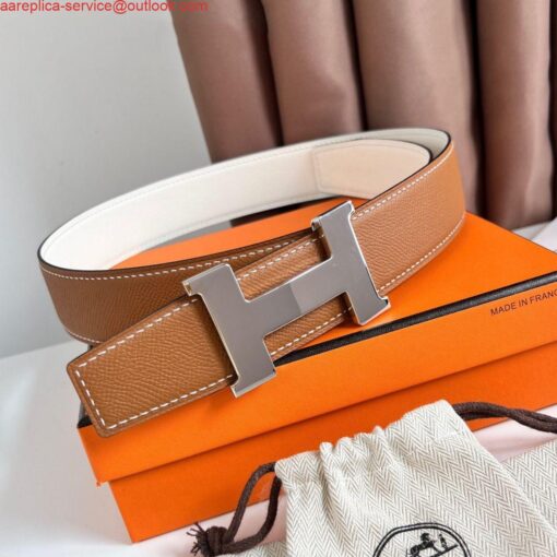 Replica Hermes Constance Reversible Belt 38MM in Gold and White Epsom Calfskin