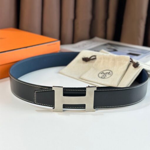 Replica Hermes Constance Reversible Belt 38MM in Blue Clemence Leather 4