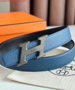 Replica Hermes H Speed Reversible Belt 32MM in Blue Jean Clemence Leather