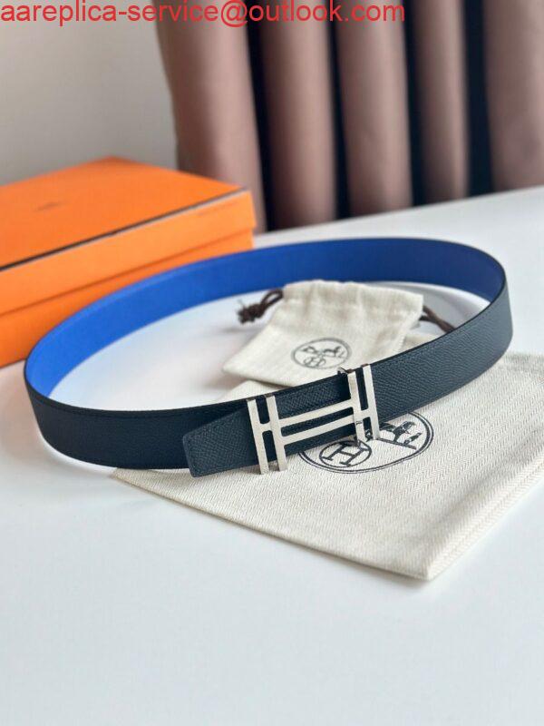 Replica Hermes H au Carre Reversible Belt 32MM in Blue and Black Epsom Leather 2