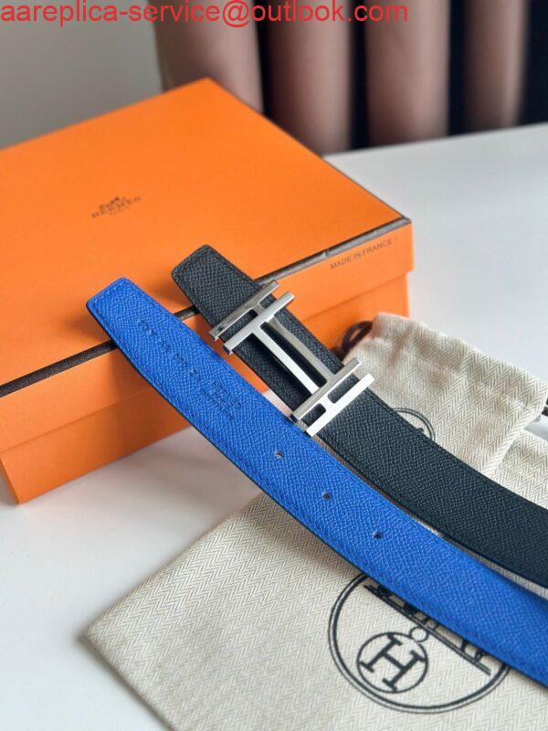 Replica Hermes H au Carre Reversible Belt 32MM in Blue and Black Epsom Leather 4