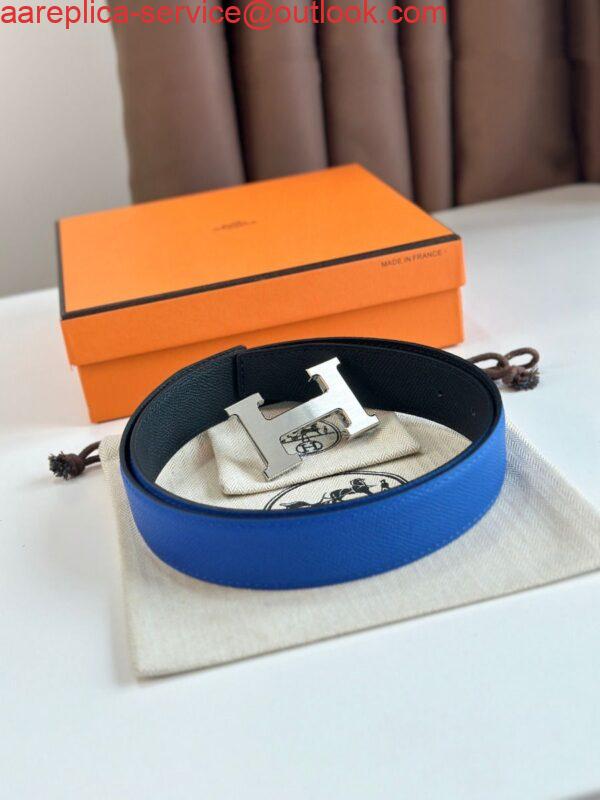 Replica Hermes H Reversible Belt 32MM in Blue and Black Epsom Leather 2