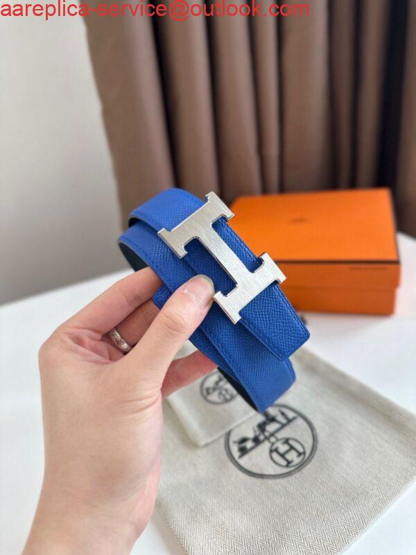 Replica Hermes H Reversible Belt 32MM in Blue and Black Epsom Leather 3