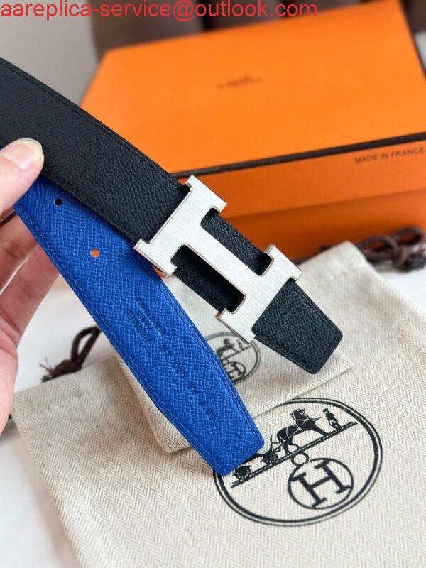 Replica Hermes H Reversible Belt 32MM in Blue and Black Epsom Leather 6