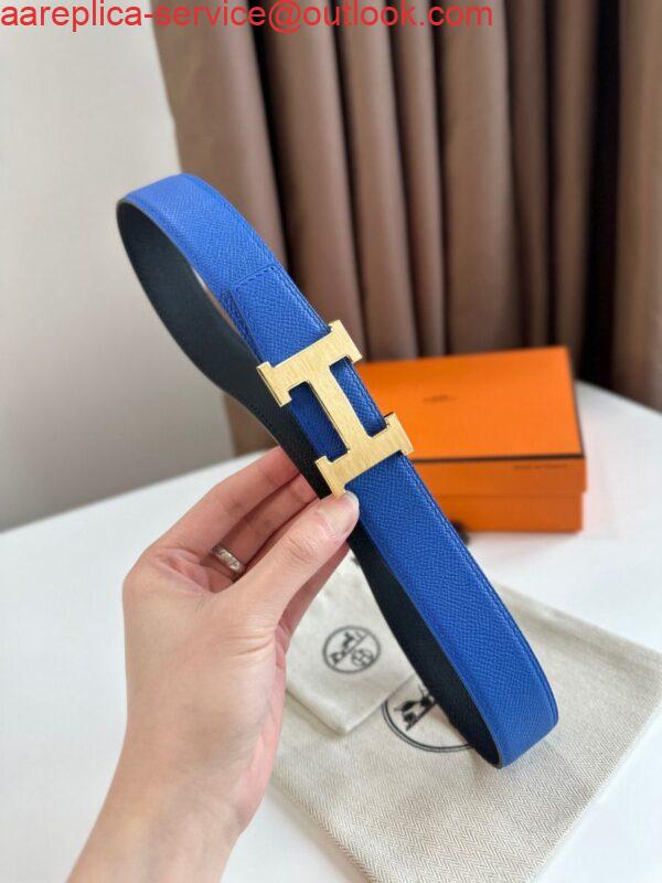 Replica Hermes H Reversible Belt 32MM in Blue and Black Epsom Leather 7