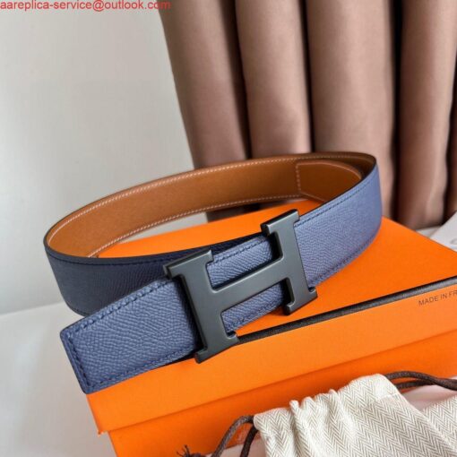 Replica Hermes H Reversible 38MM Belt with matte Buckle in Blue and Gold Epsom Leather