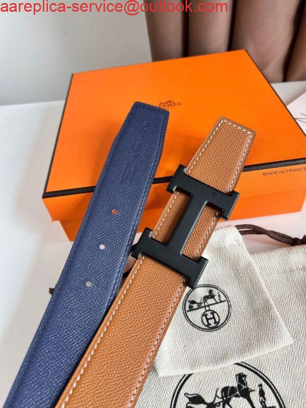 Replica Hermes H Reversible 38MM Belt with matte Buckle in Blue and Gold Epsom Leather 3