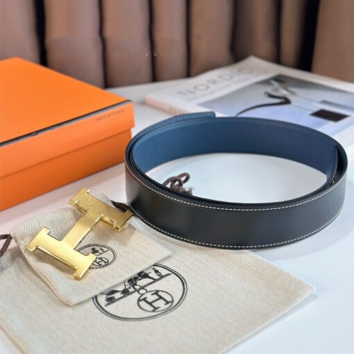 Replica Hermes H Reversible Belt 38MM in Blue Clemence Leather 4