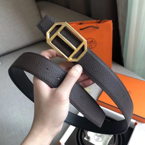 Replica Hermes Pad Reversible Belt In Cafe Clemence Leather 2