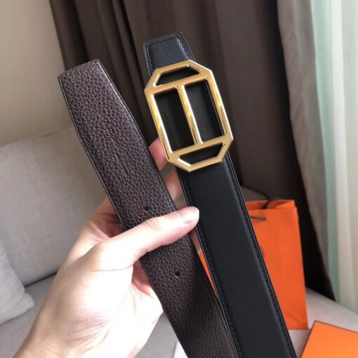 Replica Hermes Pad Reversible Belt In Cafe Clemence Leather 3