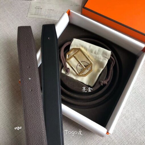 Replica Hermes Pad Reversible Belt In Cafe Clemence Leather 4