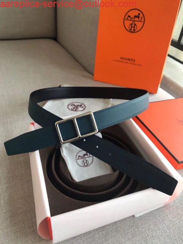 Replica Hermes Officier Reversible 38mm Belt In Blue Clemence Leather 5