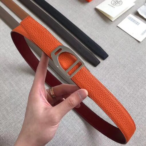 Replica Hermes Etrier Buckle Belt & Orange Clemence 32 MM Strap 4