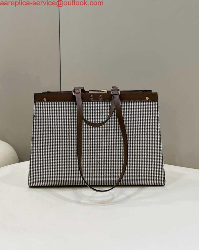 Replica Fendi 8BH374 X-Tote Brown houndstooth wool shopper with FF embroidery 8589