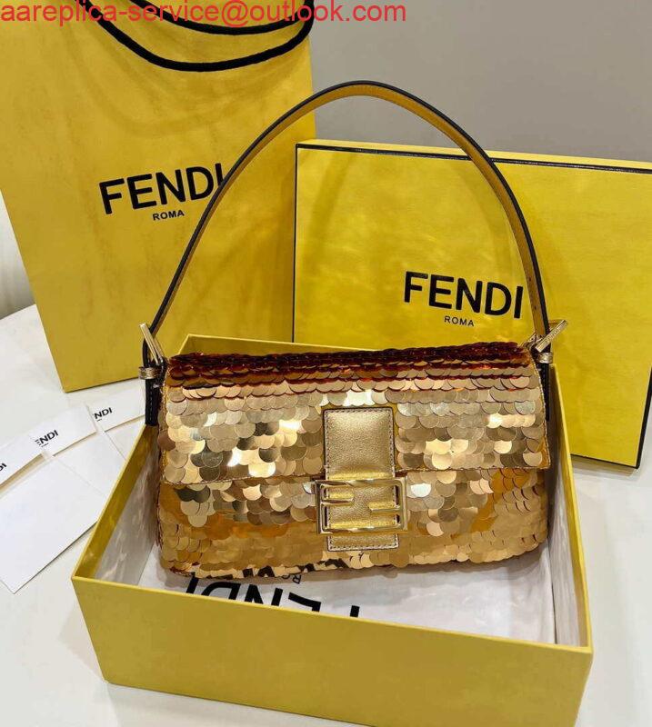 Replica Fendi 8BR792 Medium Baguette 1997 Gold Satin Bag with Sequins 8528 9