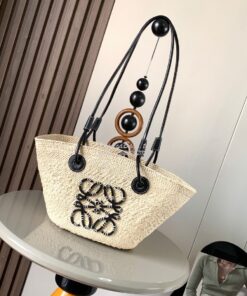 Replica Loewe Small Anagram Basket bag in Iraca Palm and Black Calfski