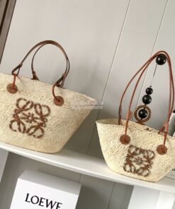 Replica Loewe Anagram Basket bag in Iraca Palm and Calfskin A223T43