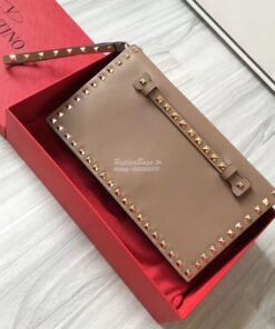 Replica Valentino Garavani Rockstud Flap Wristlet Clutch Bag Beige 2