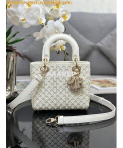 Replica Dior Small Lady Dior Latte Calfskin Embroidered with Resin Pea