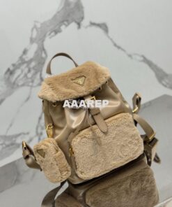 Replica Prada Re-Nylon and shearling backpack 1BZ074 Écru/Noisette 2