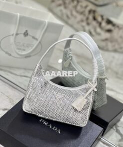 Replica Prada Satin Mini-Bag with Artificial Crystals 1NE515 White 2