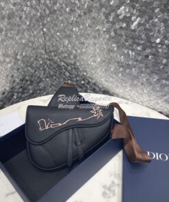 Replica Dior Saddle Bag Black Grained Calfskin with 'Christian Dior 19