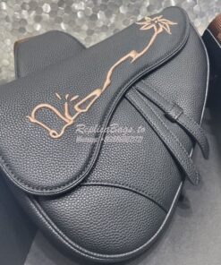 Replica Dior Saddle Bag Black Grained Calfskin with 'Christian Dior 19 2