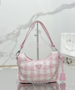 Replica Prada Re-Edition Crochet Mini-bag Raffia 1BC204 Alabaster Pink