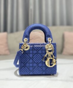 Replica Dior Micro Lady Dior Bag Blue Metallic Canvas Embroidered with