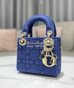 Replica Dior Micro Lady Dior Bag Blue Metallic Canvas Embroidered with 2