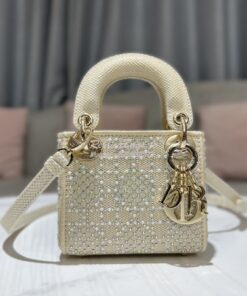 Replica Dior Micro Lady Dior Bag Beige Canvas Embroidered with Metalli