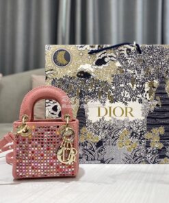 Replica Dior Micro Lady Dior Bag Dark Pink Metallic Canvas Embroidered