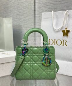 Replica Dior Small Lady Dior Bright Green Cannage Lambskin Bag with Ir