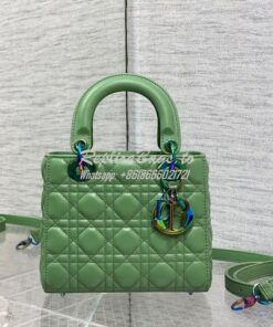 Replica Dior Small Lady Dior Bright Green Cannage Lambskin Bag with Ir 2