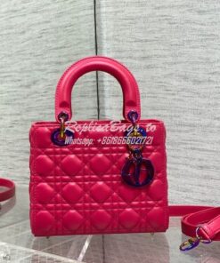 Replica Dior Small Lady Dior Bright Pink Cannage Lambskin Bag with Iri