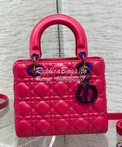 Replica Dior Small Lady Dior Bright Pink Cannage Lambskin Bag with Iri 2