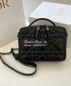 Replica Dior Caro Box Bag With Chain Black Quilted Macrocannage Calfsk