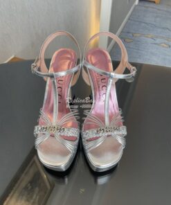 Replica Gucci GG-Chain Metallic-Leather Sandals 746614 Silver 2