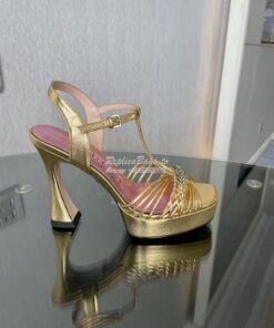 Replica Gucci GG-Chain Metallic-Leather Sandals 746614 Gold 2