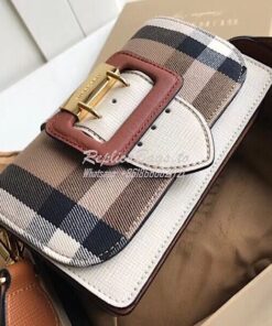 Replica Burberry The Small Buckle Bag in House Check and White Leather 2