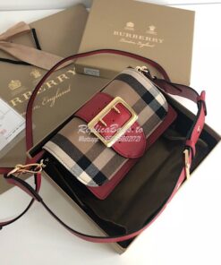 Replica Burberry The Small Buckle Bag in House Check and Red Leather 2