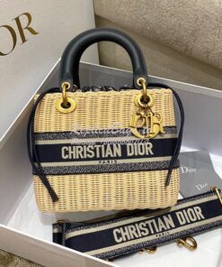 Replica Lady Dior Medium Bag Natural Wicker and Blue Dior Oblique Jacq